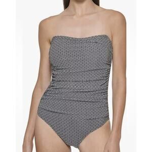 DKNY Women's Black & White Geometric Print Adjustable Strap One Piece Swimsuit L